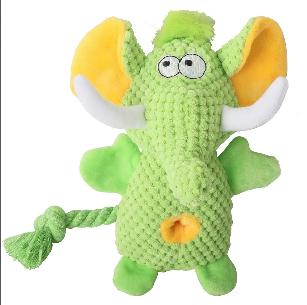 Silly Snouts Elephant Treat-Hiding Plush dog toys available in vibrant colors.
