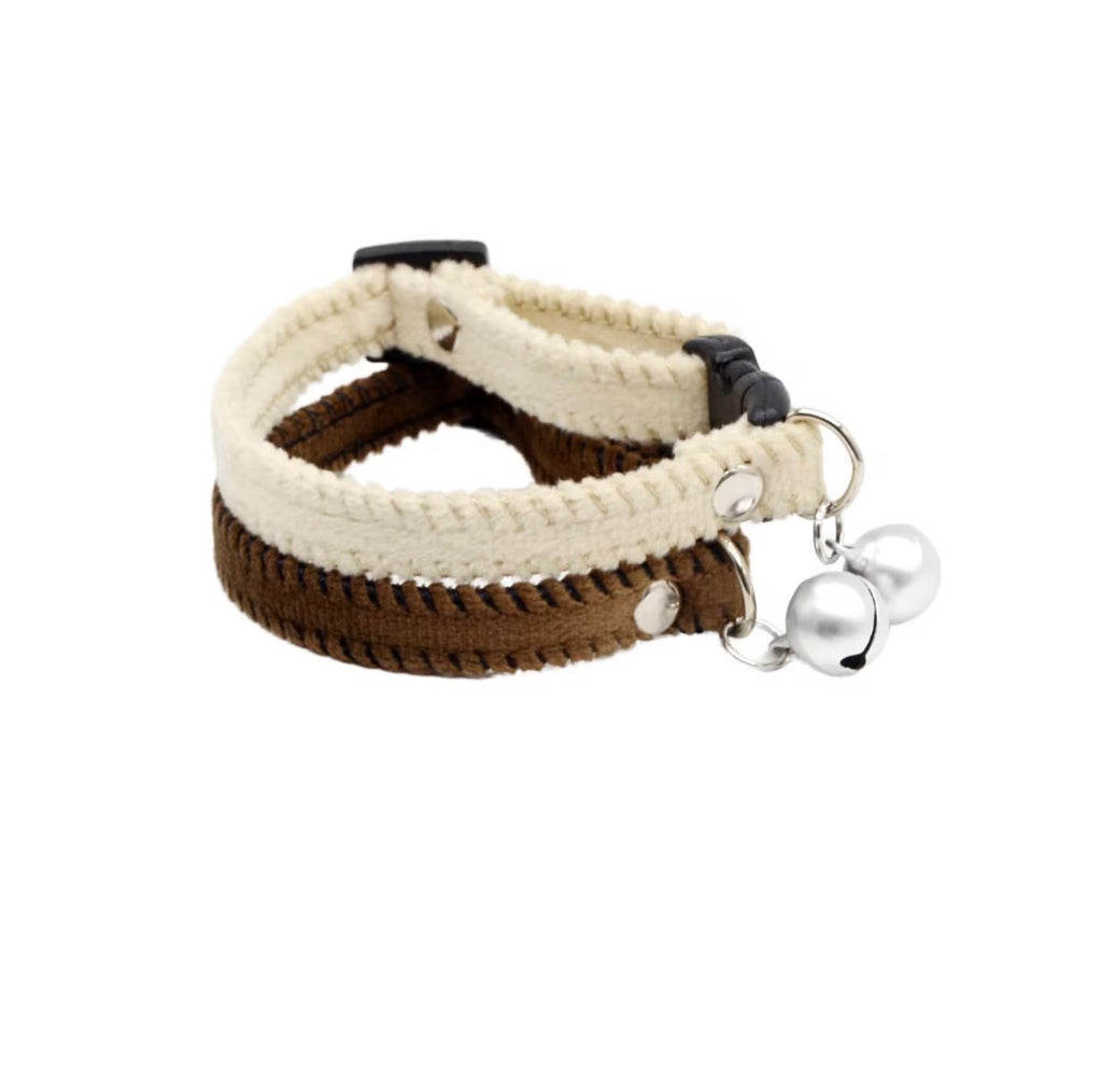 KASTWAVE brown and white velvet breakaway cat collar featuring two jingle bells