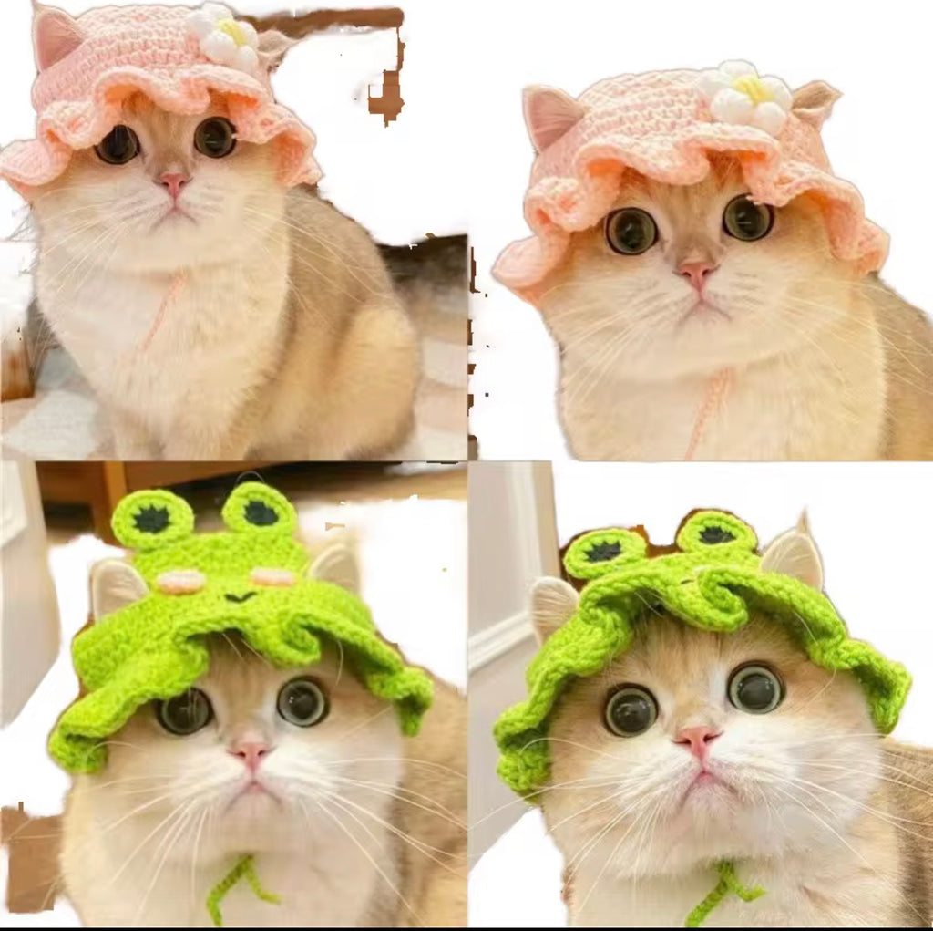 e handmade, colorful crochet bucket hats for cats, featuring distinct designs like a light pink hat with a white flower and a bright green hat styled as a frog.