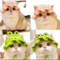 e handmade, colorful crochet bucket hats for cats, featuring distinct designs like a light pink hat with a white flower and a bright green hat styled as a frog.