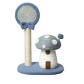 whimsical blue mushroom-themed cat scratching post made with natural sisal rope and soft flannel.