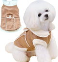 Jecikelon brand beige suede winter coat for small dogs featuring a white fleece lining, turtleneck collar, and decorative bow tie.