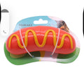 hot dog-shaped squeaky dog toy made from durable rubber.