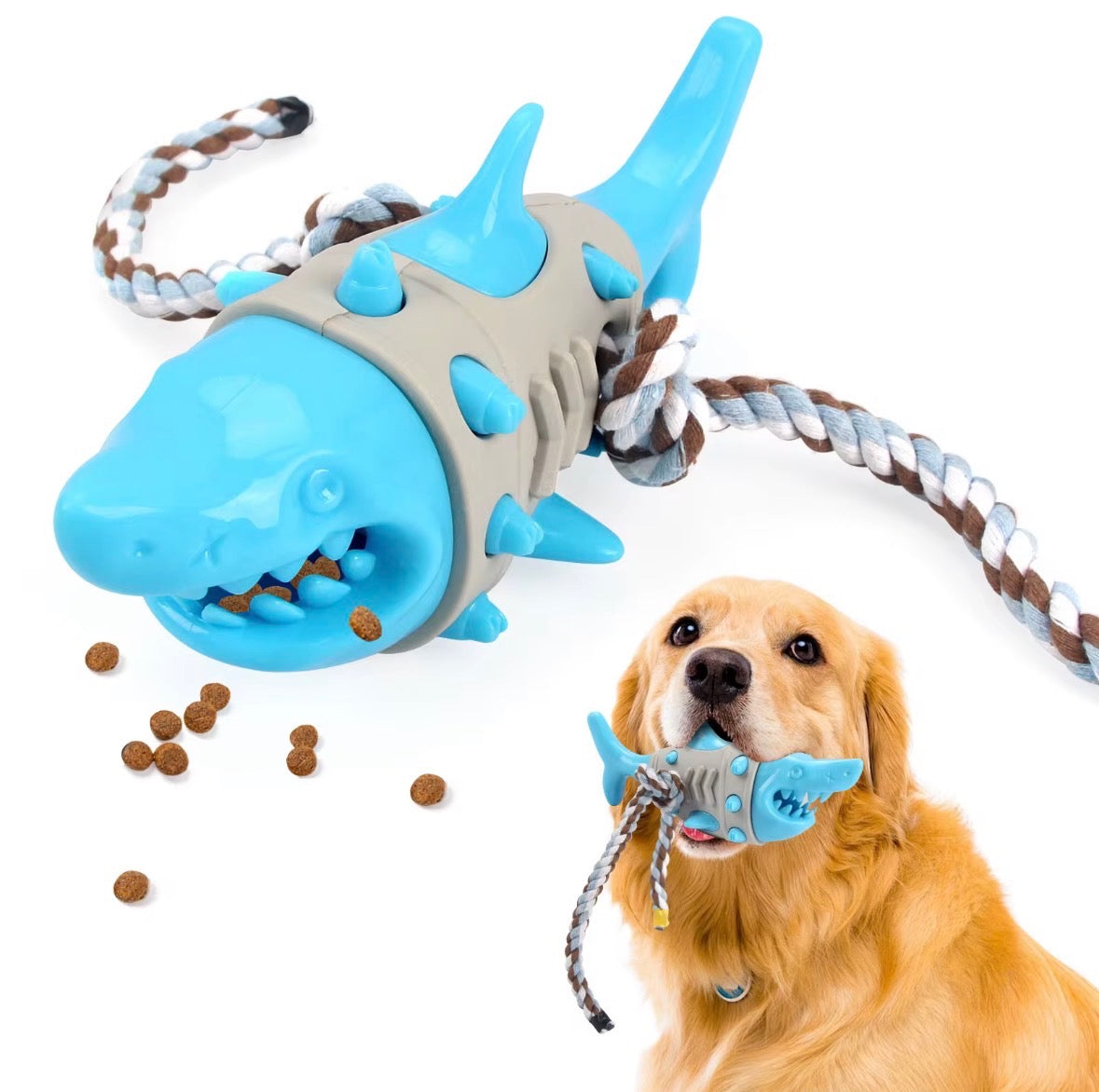 shark-shaped dog toy is designed to dispense treats and promote dental hygiene through chewing