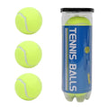 standard, unbranded neon yellow tennis balls packaged in a three-pack plastic canister