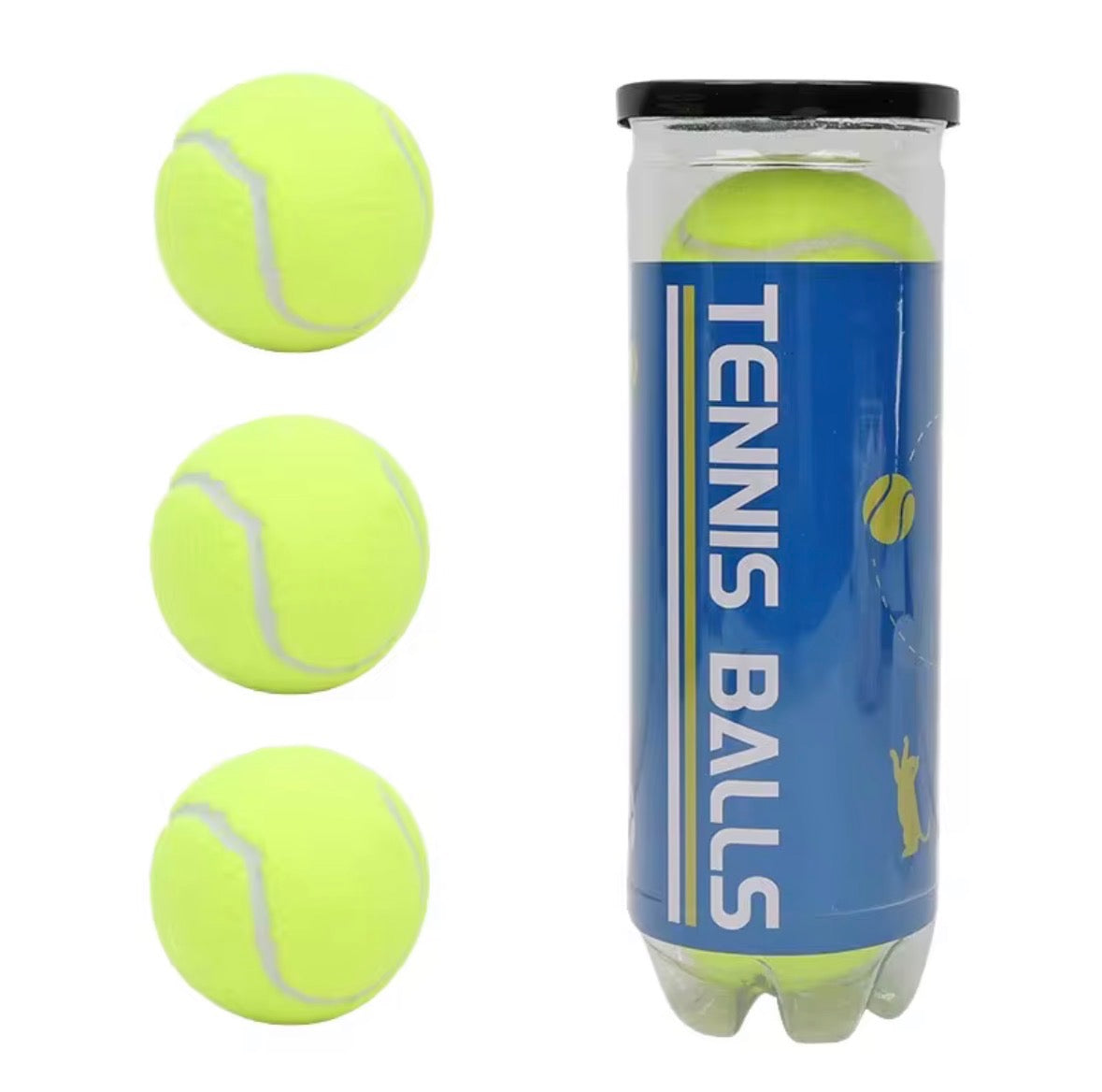standard, unbranded neon yellow tennis balls packaged in a three-pack plastic canister