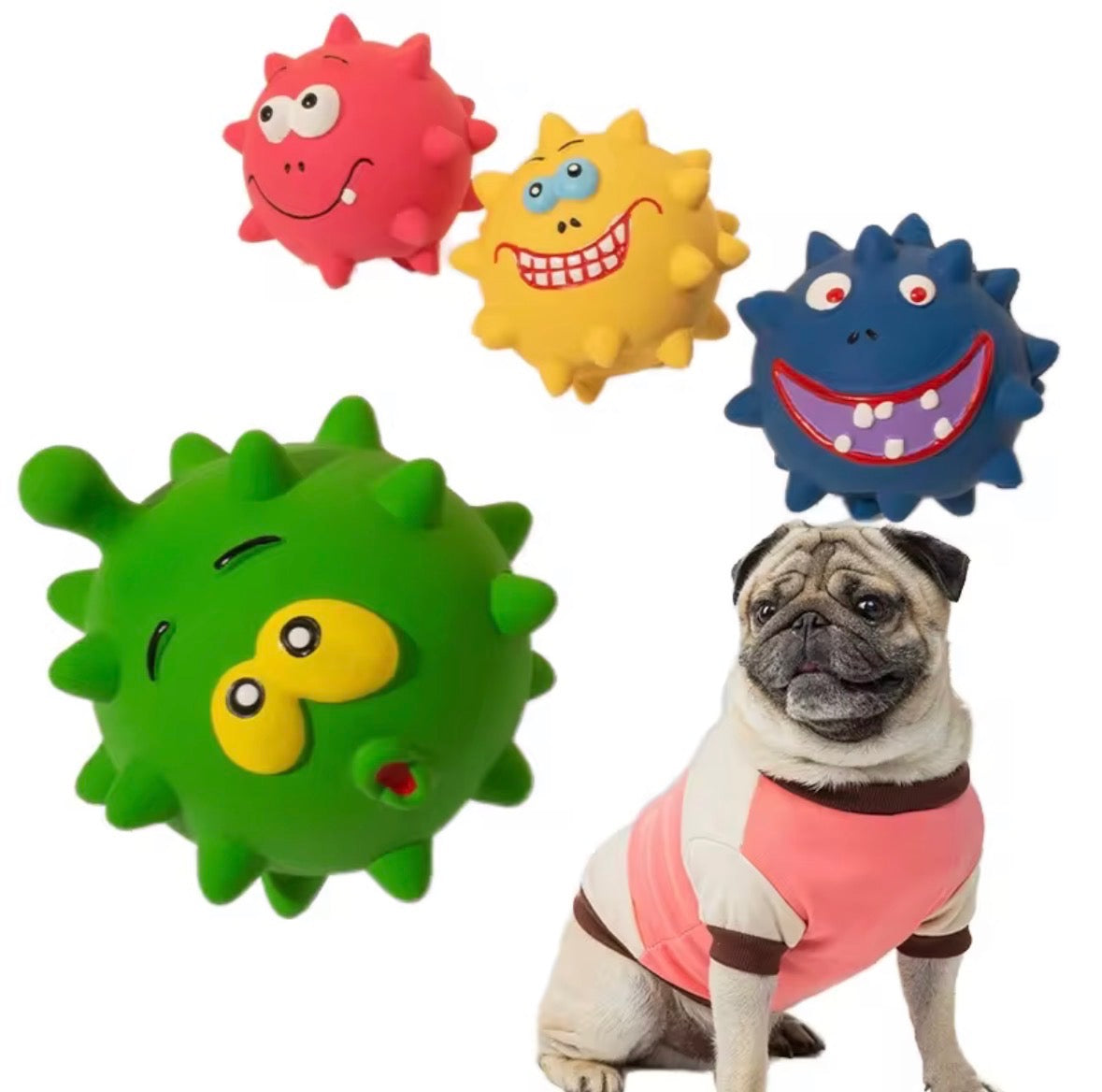 variety of spiky, colored dog chew toys and a dog wearing a pink and white shirt.